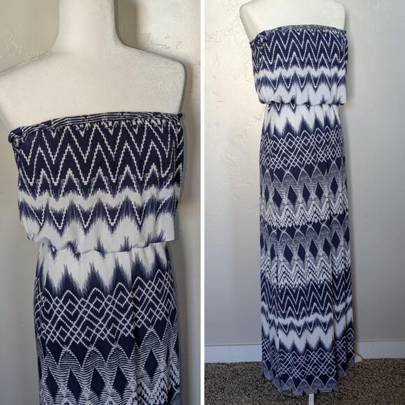 Lucy Love Dress‎ Womens Medium Strapless Maxi Side Slits Geometric - Picture 1 of 6